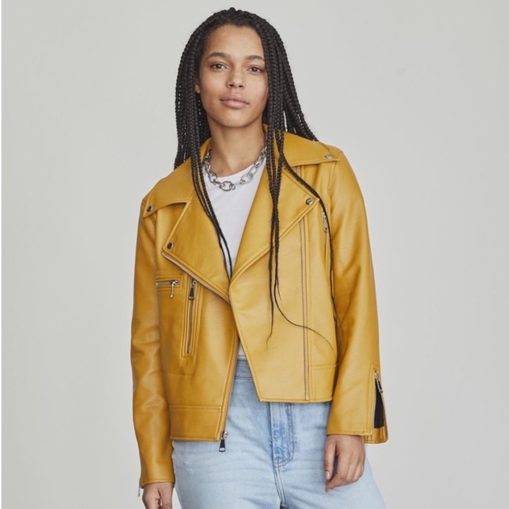 ELIZABETH AND JAMES Mustard‎ Yellow Faux Leather Biker Jacket Moto Zip Size XXL